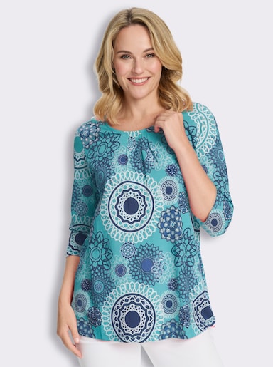Longshirt mit Falten am Ausschnitt - aquamarin-royalblau-bedruckt