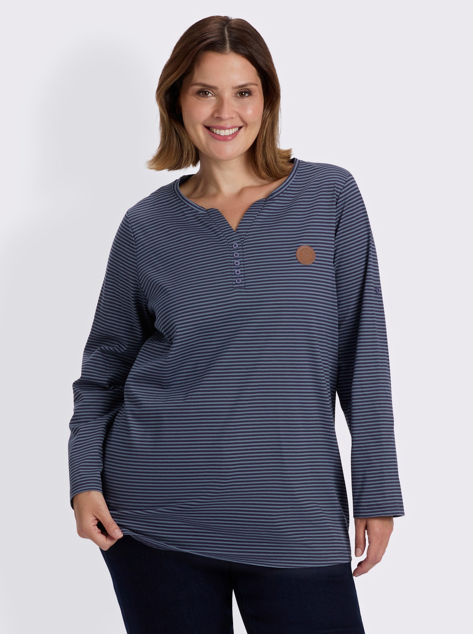 sheego Ringelshirt mit Krempelärmeln - rauchblau-marine-geringelt