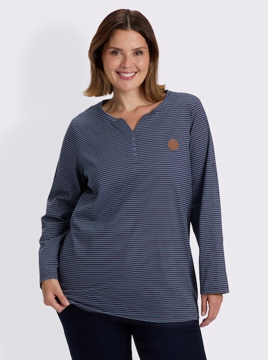 sheego Ringelshirt mit Krempelärmeln - rauchblau-marine-geringelt