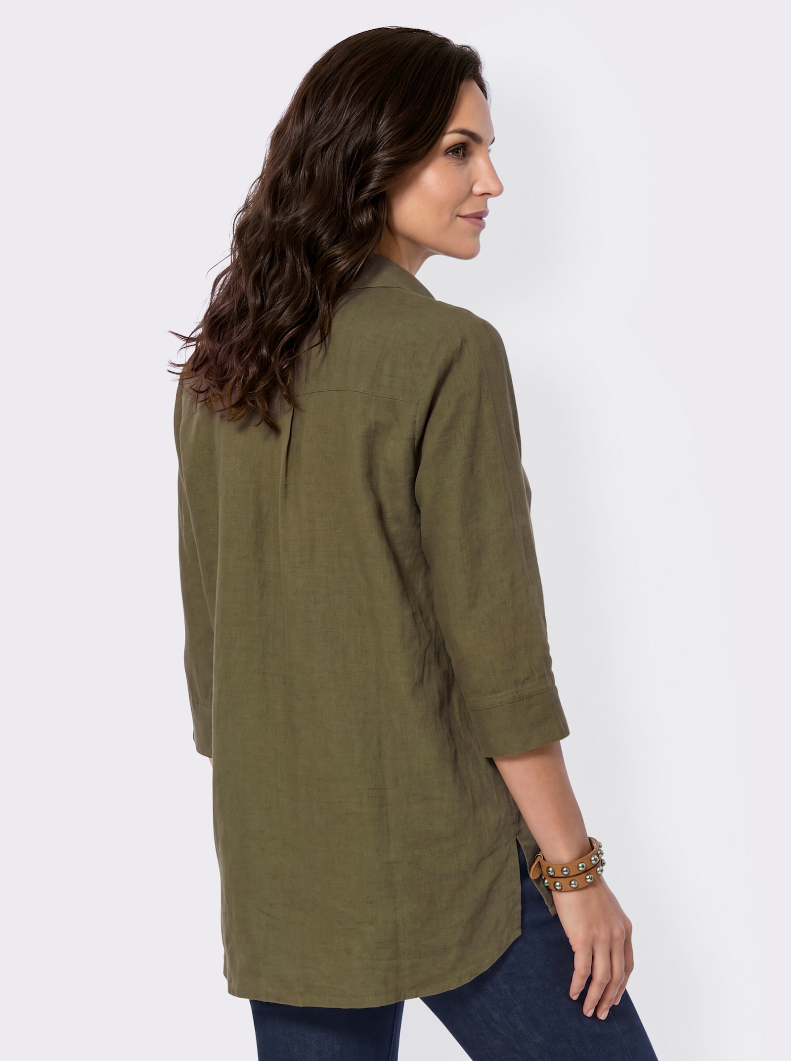 Longbluse in Baumwoll-Leinen-Mischung - oliv