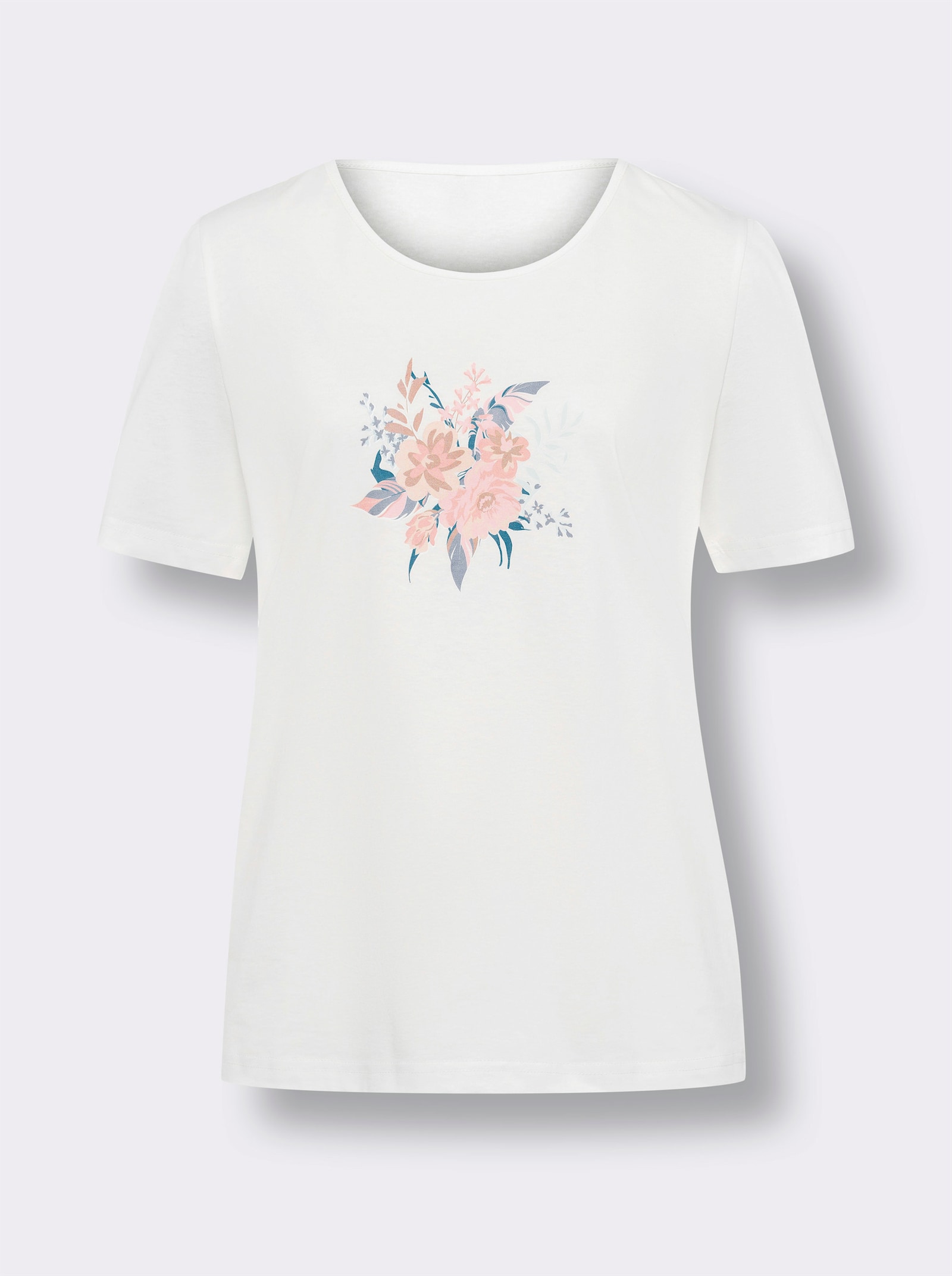 Kurzarmshirt mit Blumen-Federn-Druck - ecru-taubenblau