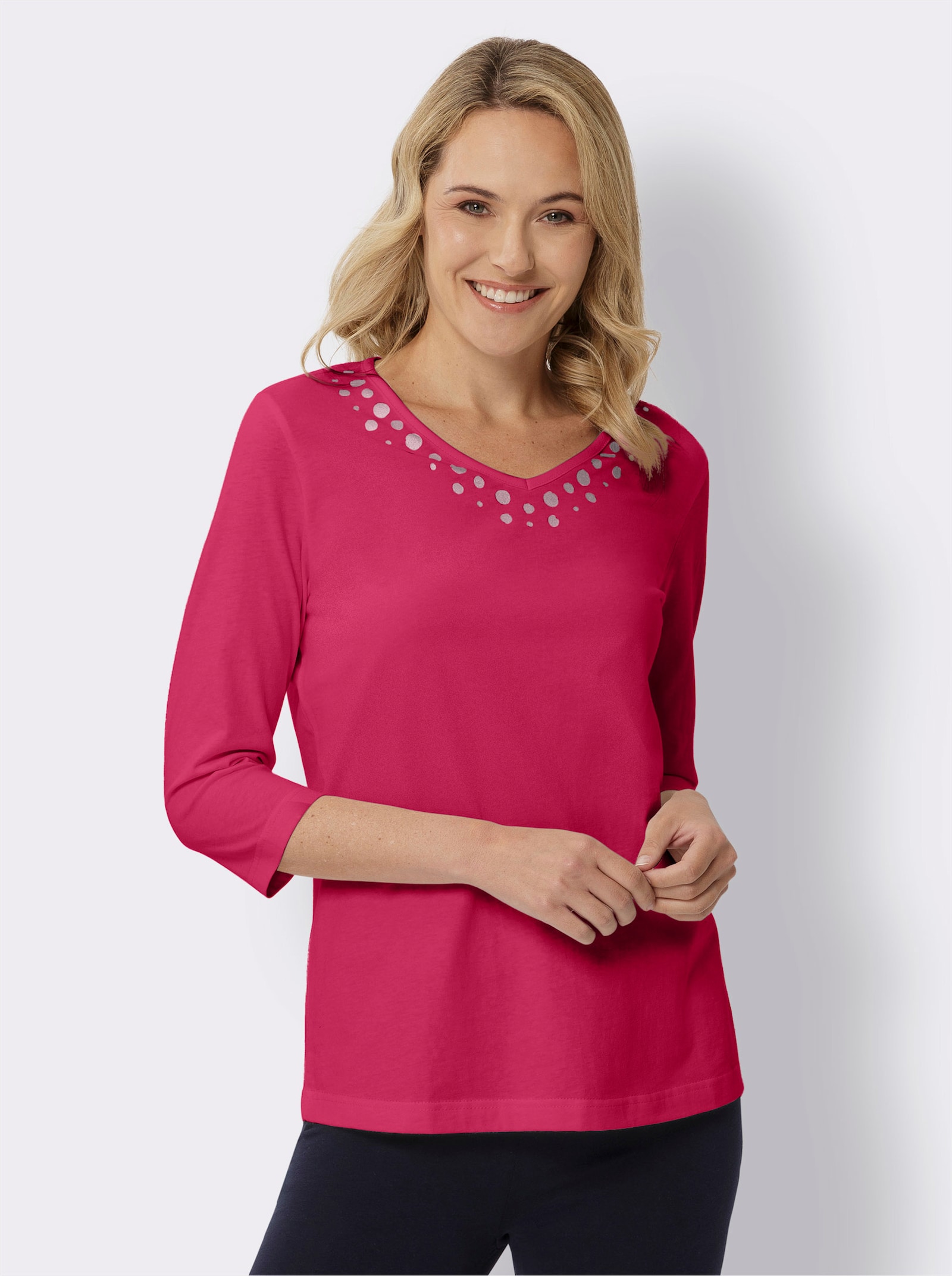 3/4-Arm-Shirt mit silberfarbenem Folien-Print - pink