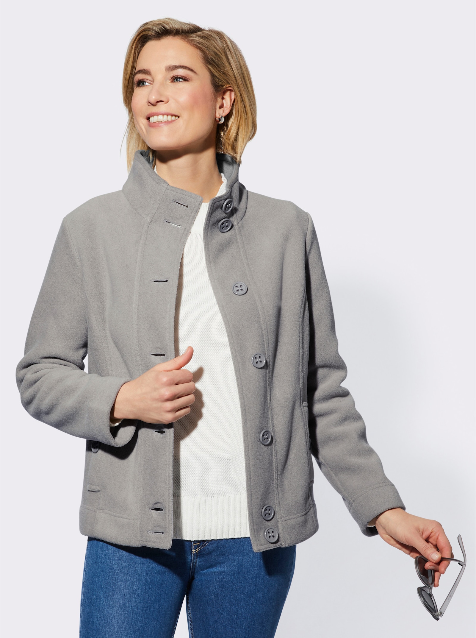 Fleecejacke mit Kontrast-Futter - steingrau-meliert