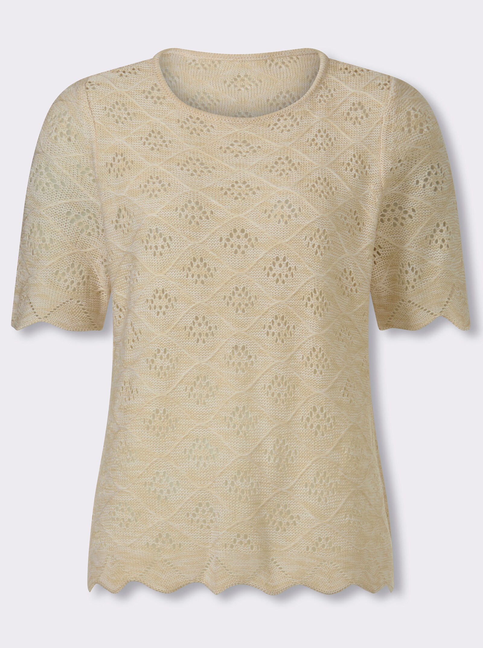 Kurzarmpullover mit Ajour-Muster allover - sand-weiß-meliert
