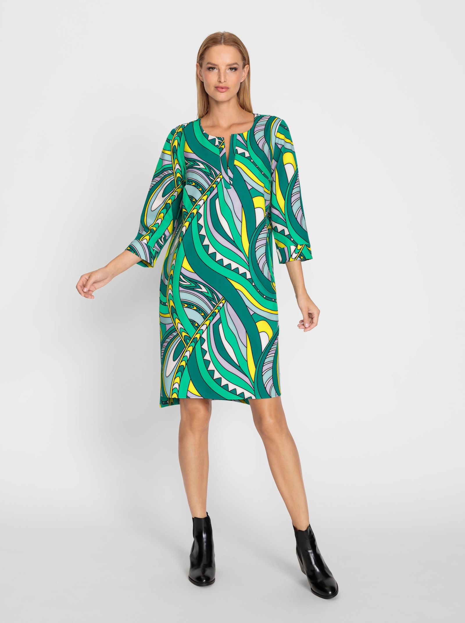 heine Webkleid mit Nahttaschen - grasgrün-champagner-bedruckt