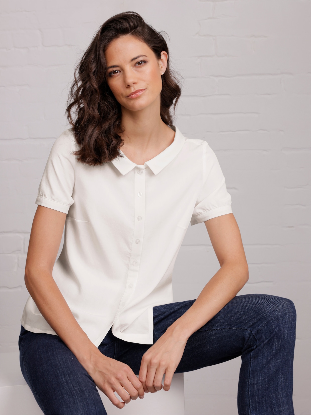 CREATION L PREMIUM Kurzarm-Bluse mit weitem Hemdblusen-Kragen - weiss