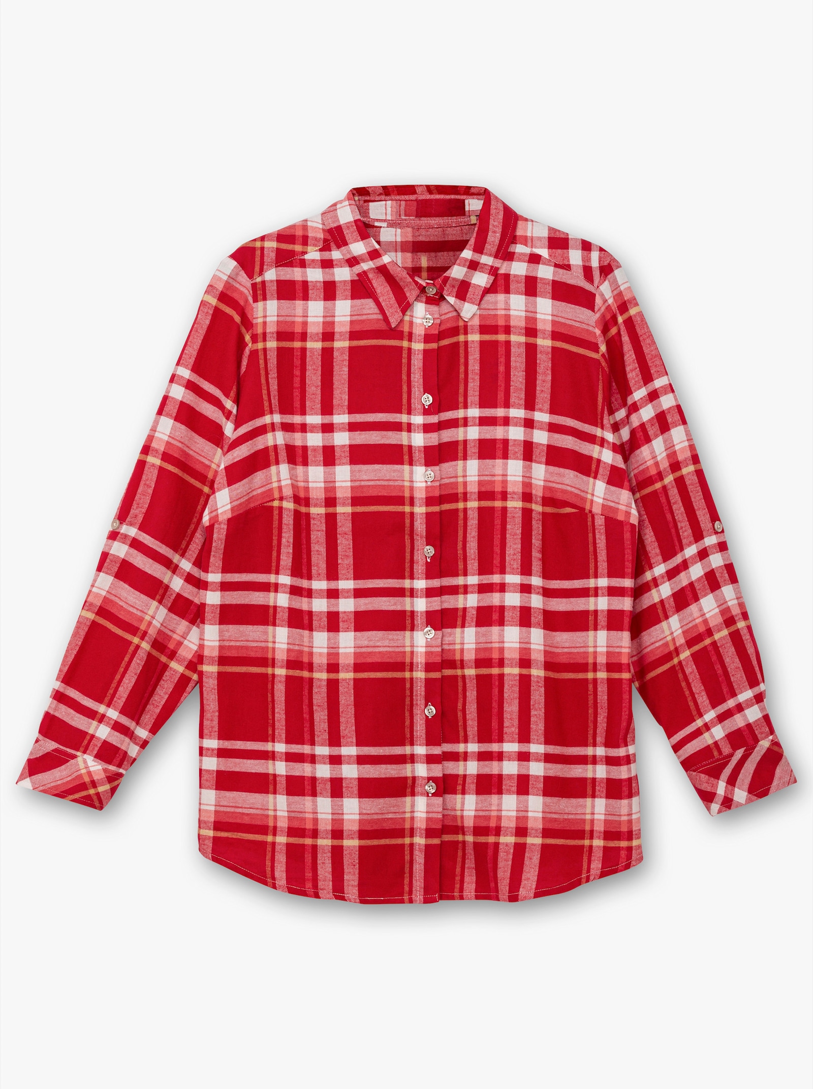 Flanellbluse mit krempelbaren Ärmeln - rot-camel-kariert