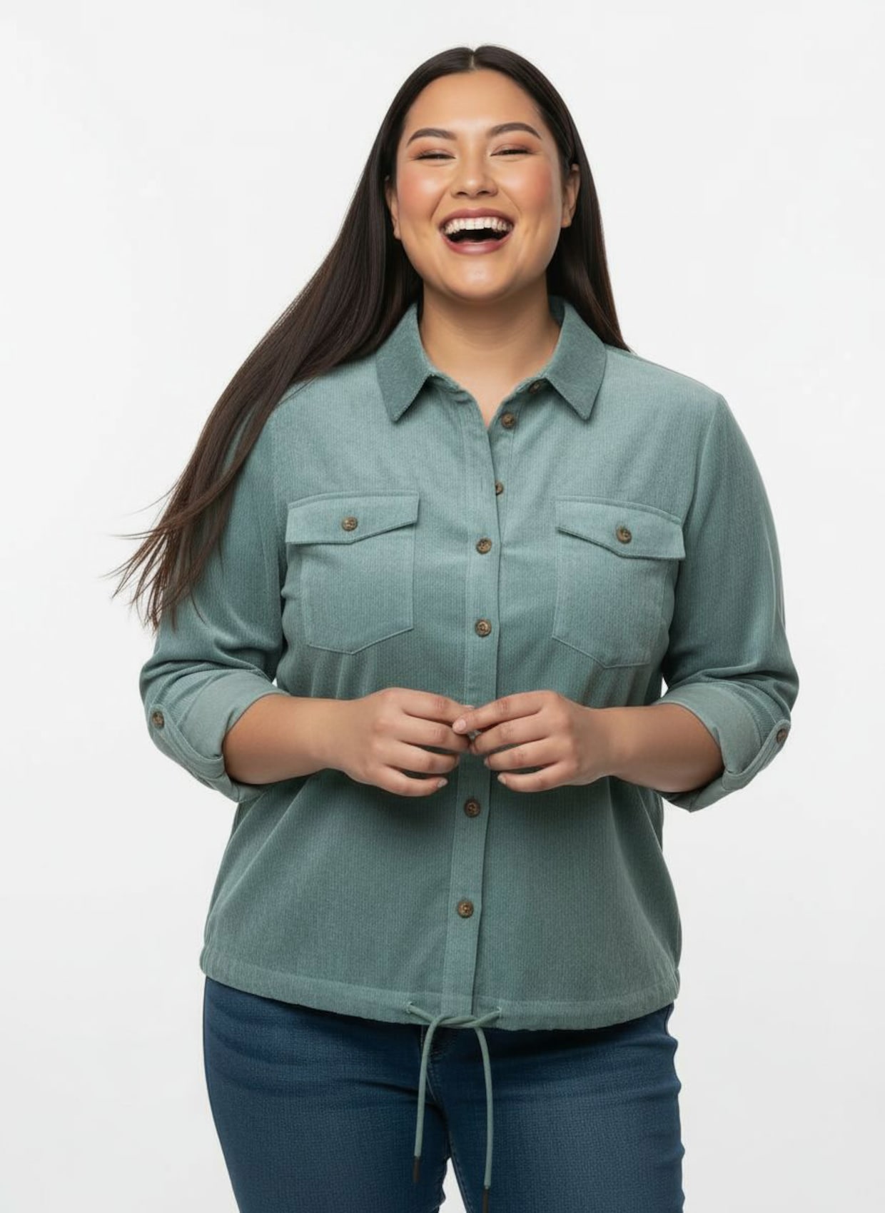 Langarm-Bluse aus Cord - jade