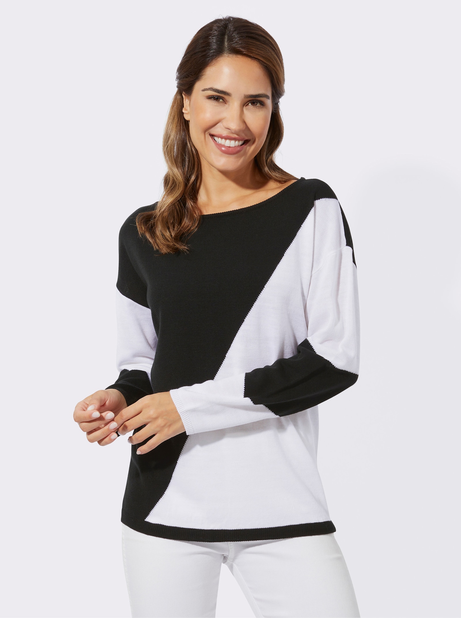 Pullover met lange mouwen en intarsiapatroon - zwart/wit gedessineerd