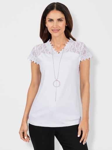 Kurzarmshirt mit Spitzen-Einsatz - weiß