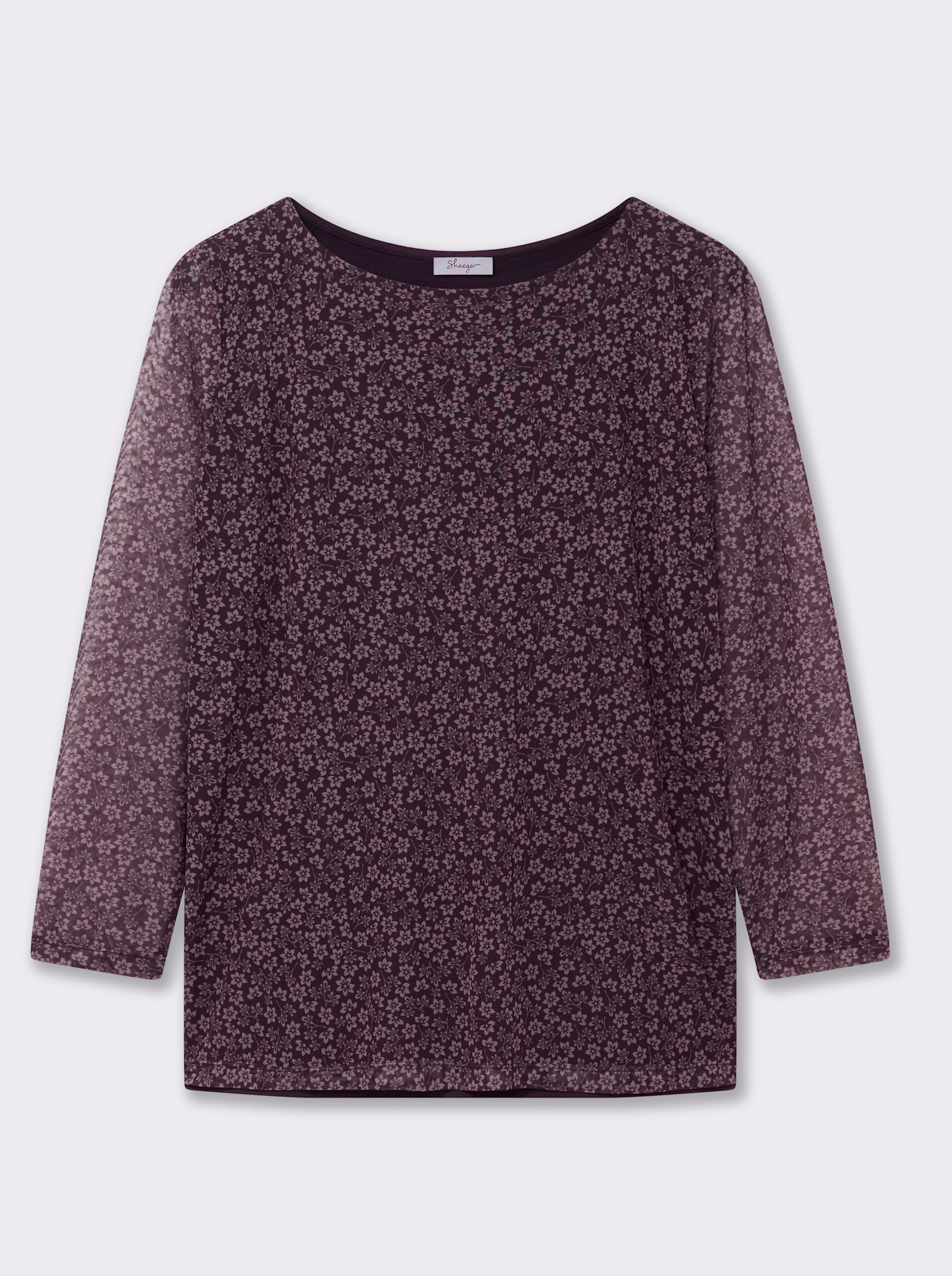 sheego Shirt met lange mouwen van mesh, met bloemetjesprint - aubergine/mauve bedrukt