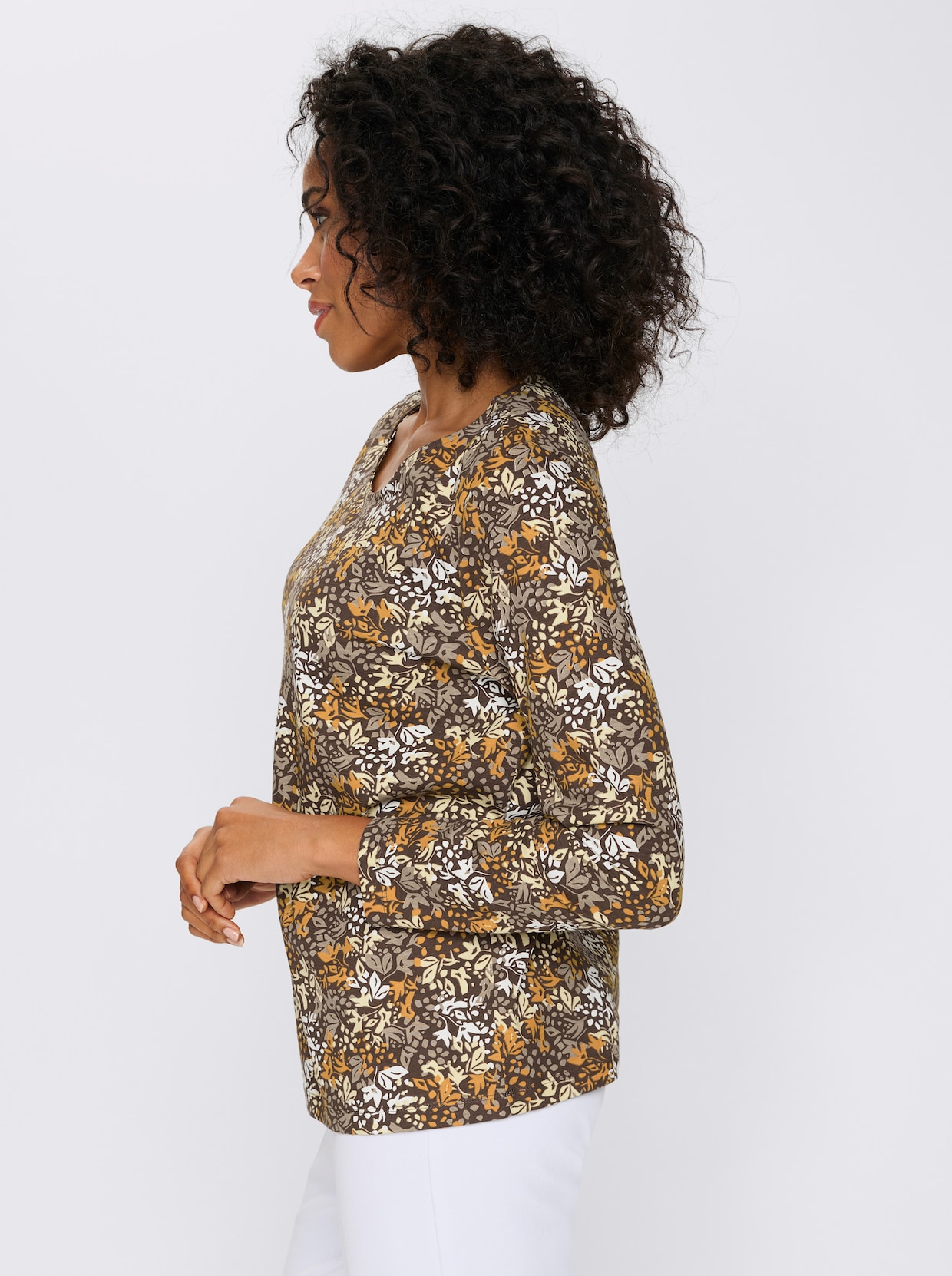 Shirt met lange mouwen en bloemenpatroon - choco/oker bedrukt