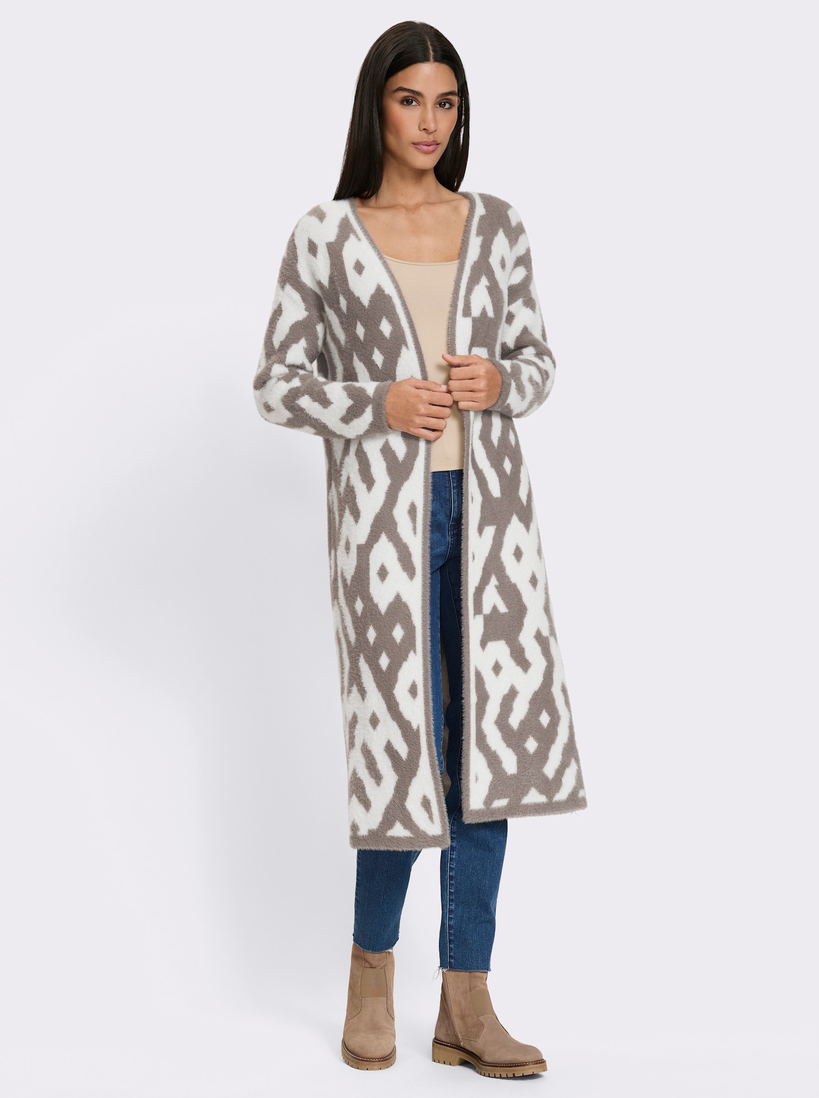 heine Strickmantel mit Grafik-Dessin - taupe-ecru-gemustert