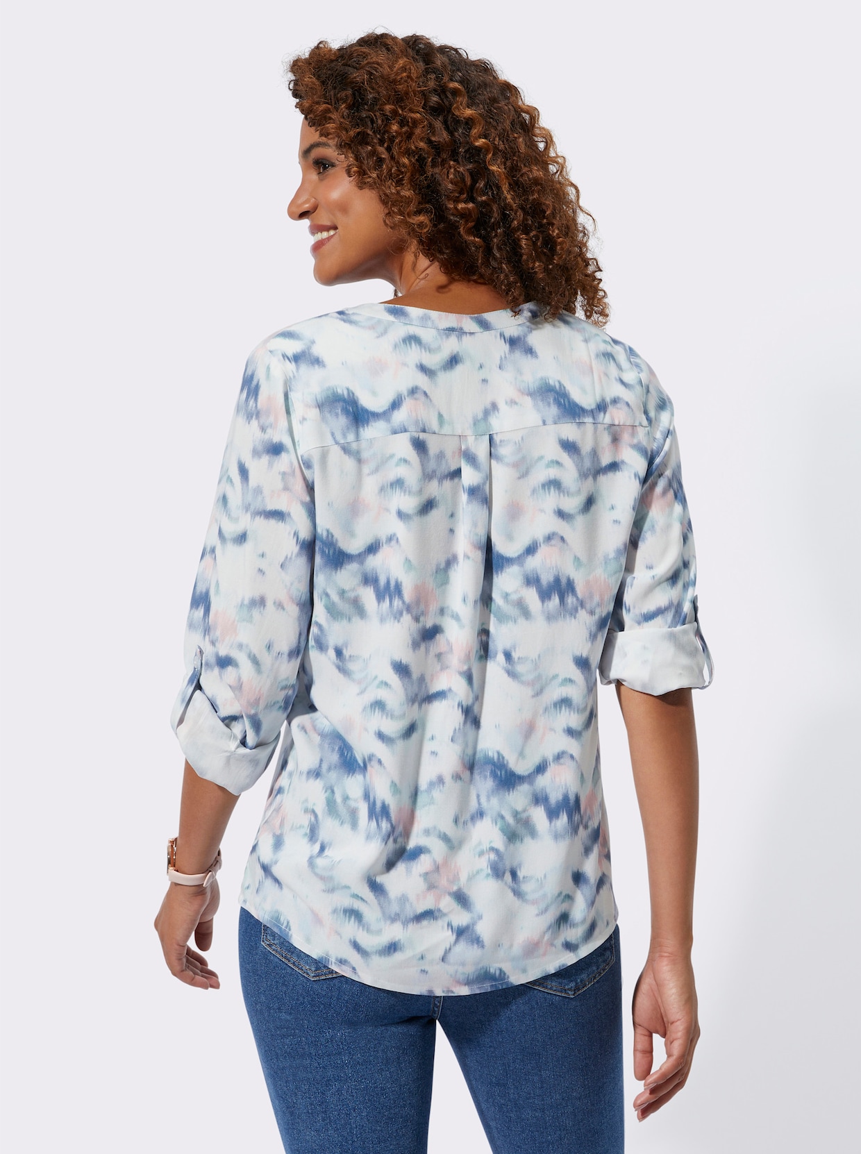 Druckbluse - ecru-jeansblau-bedruckt