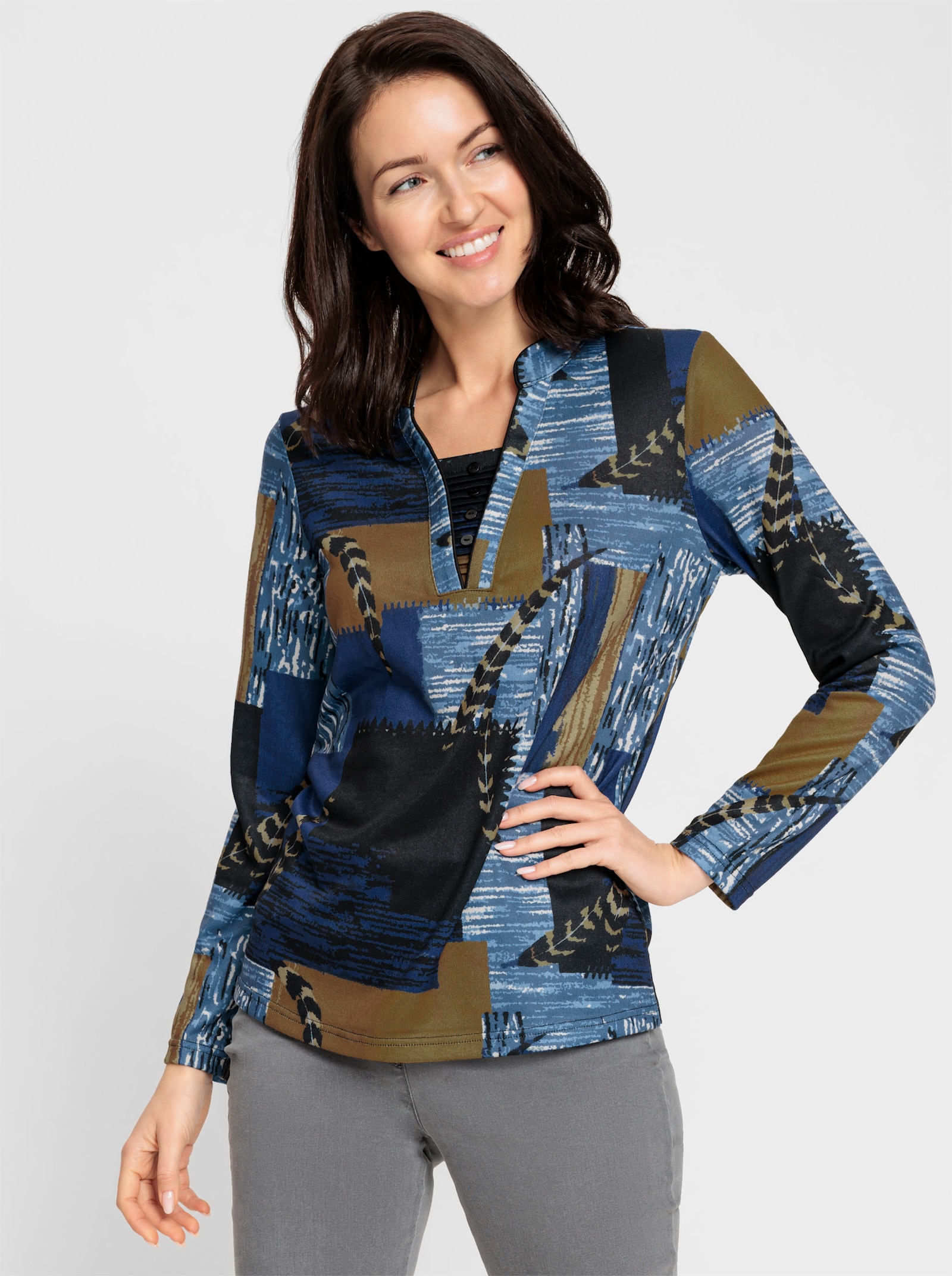 2-in-1-shirt met opstaande kraag - koningsblauw/zwart bedrukt