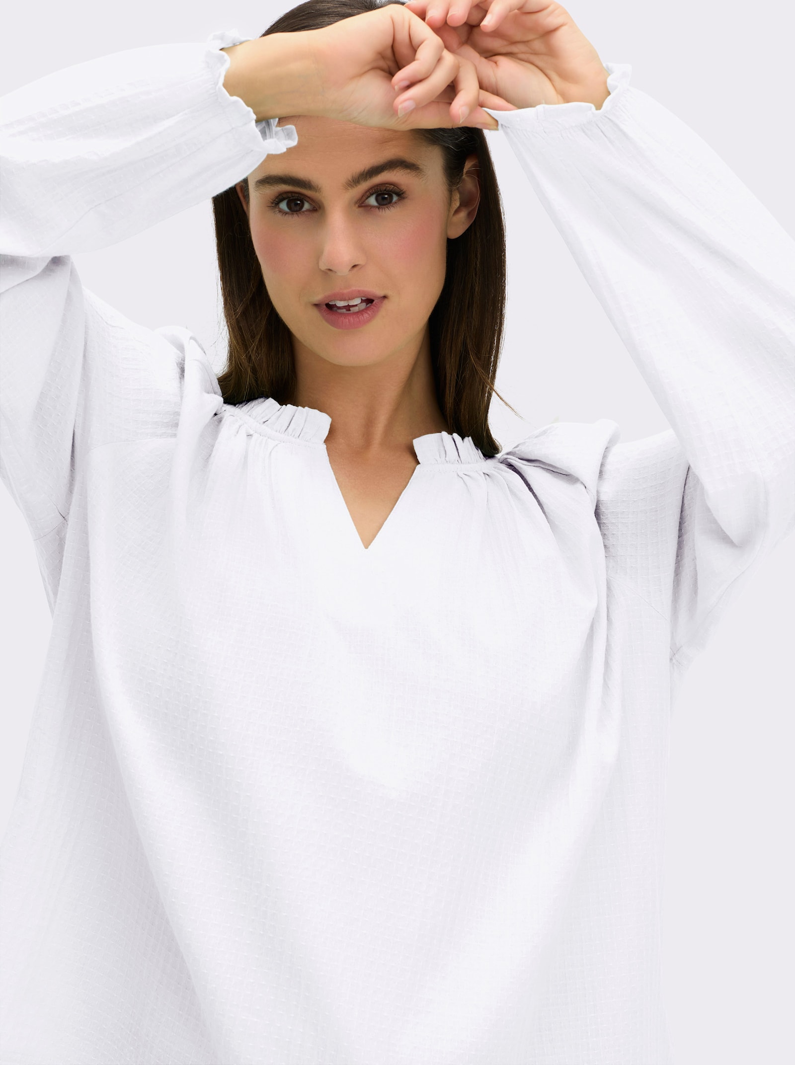 Langarmbluse mit Raffung, strukturiert - ecru