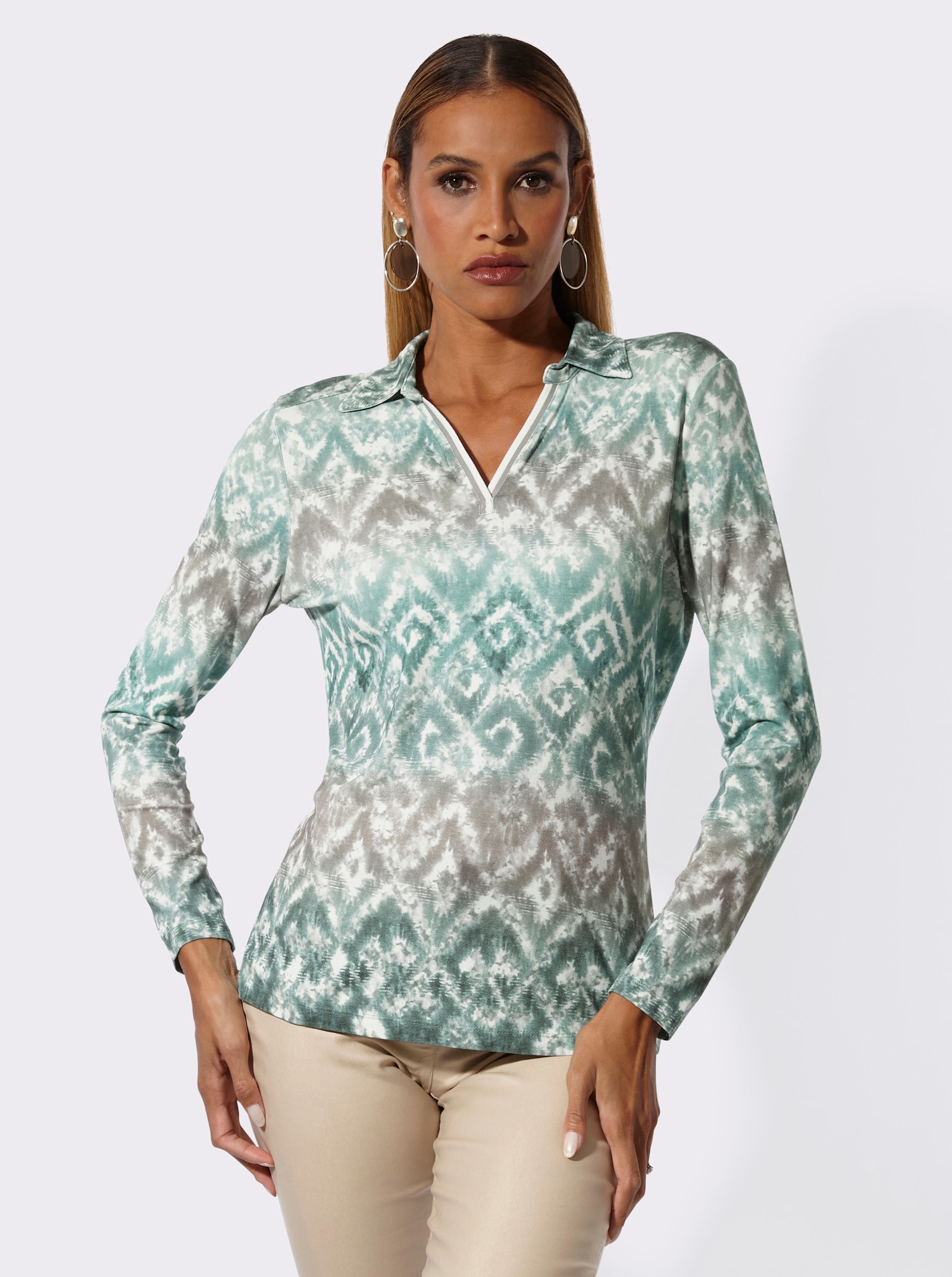 Langarmshirt mit Polokragen - ecru-grau-bedruckt