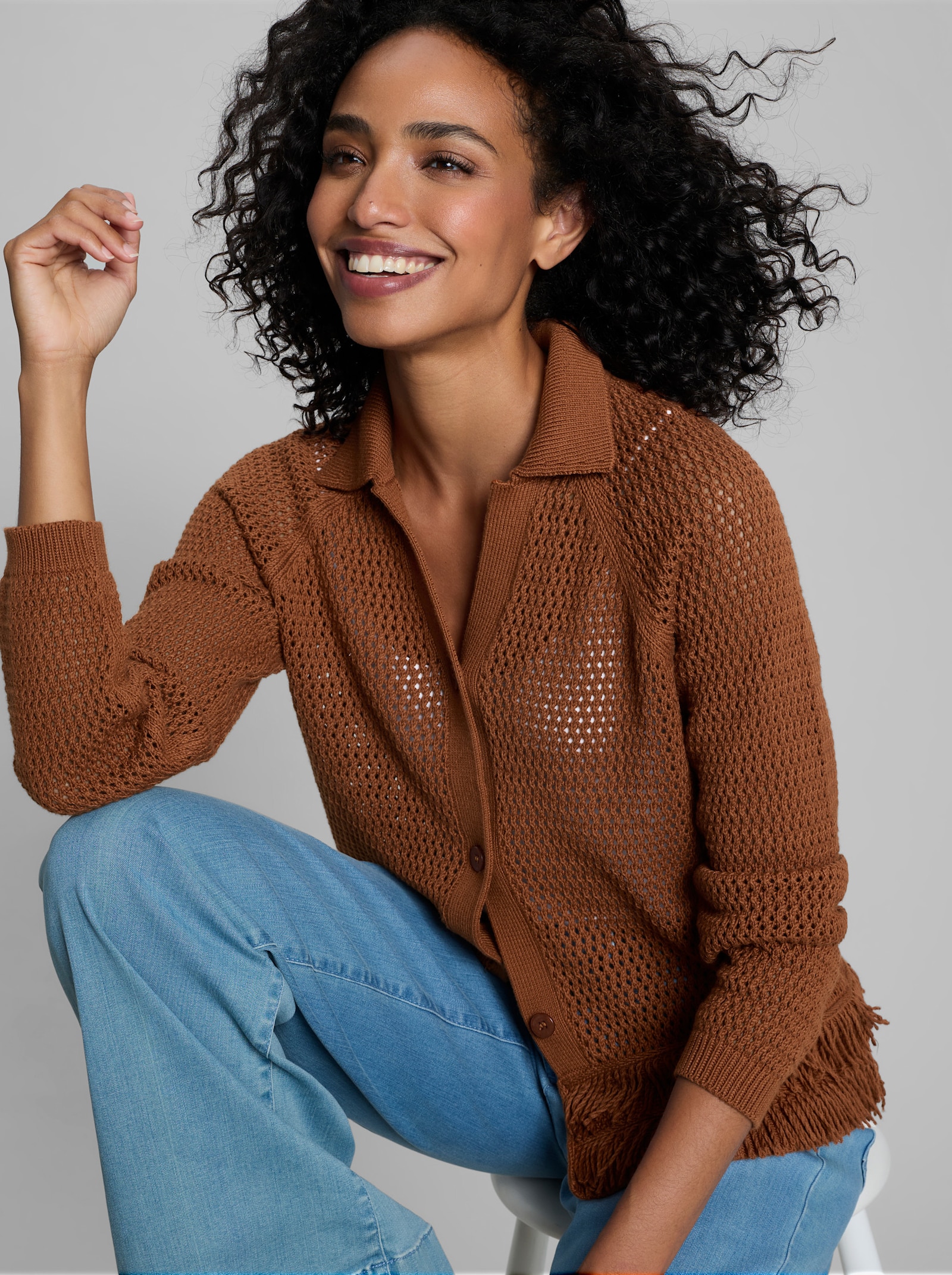 heine Ajourstrickjacke mit Fransensaum - cognac