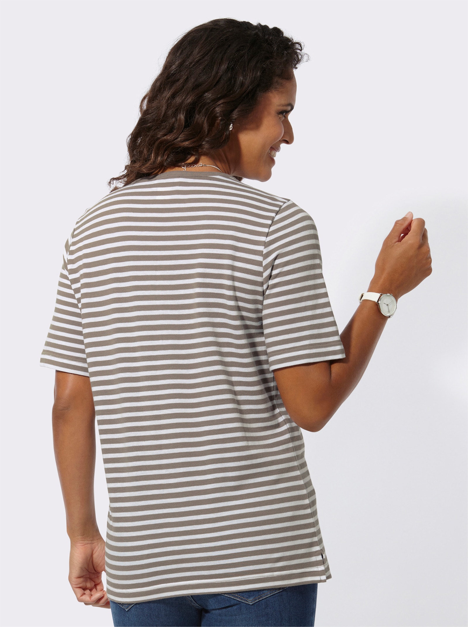  Ringelshirt mit kleiner Brusttasche - taupe-weiß-geringelt