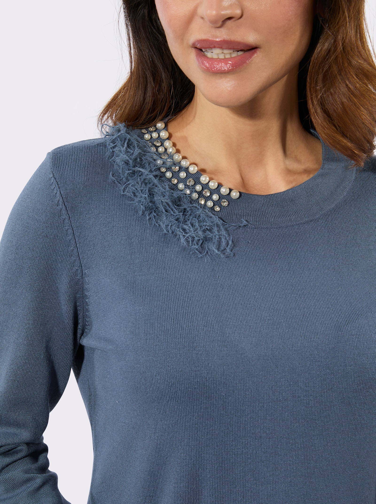 Feinstrickpullover mit Zierperlen - rauchblau