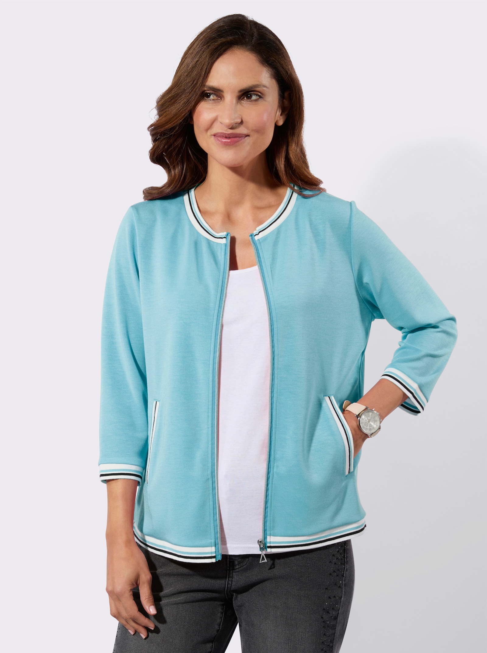 Sweatjacke mit gestreiften Bündchen - aquamarin