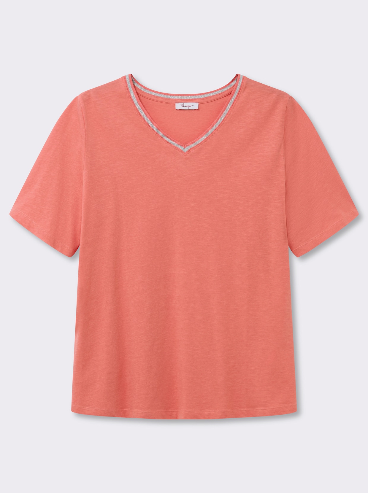 sheego V-Shirt mit Glitzergarn-Streifen - koralle