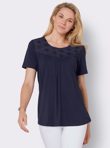 Rundhalsshirt mit Spitzen-Einsatz - marine