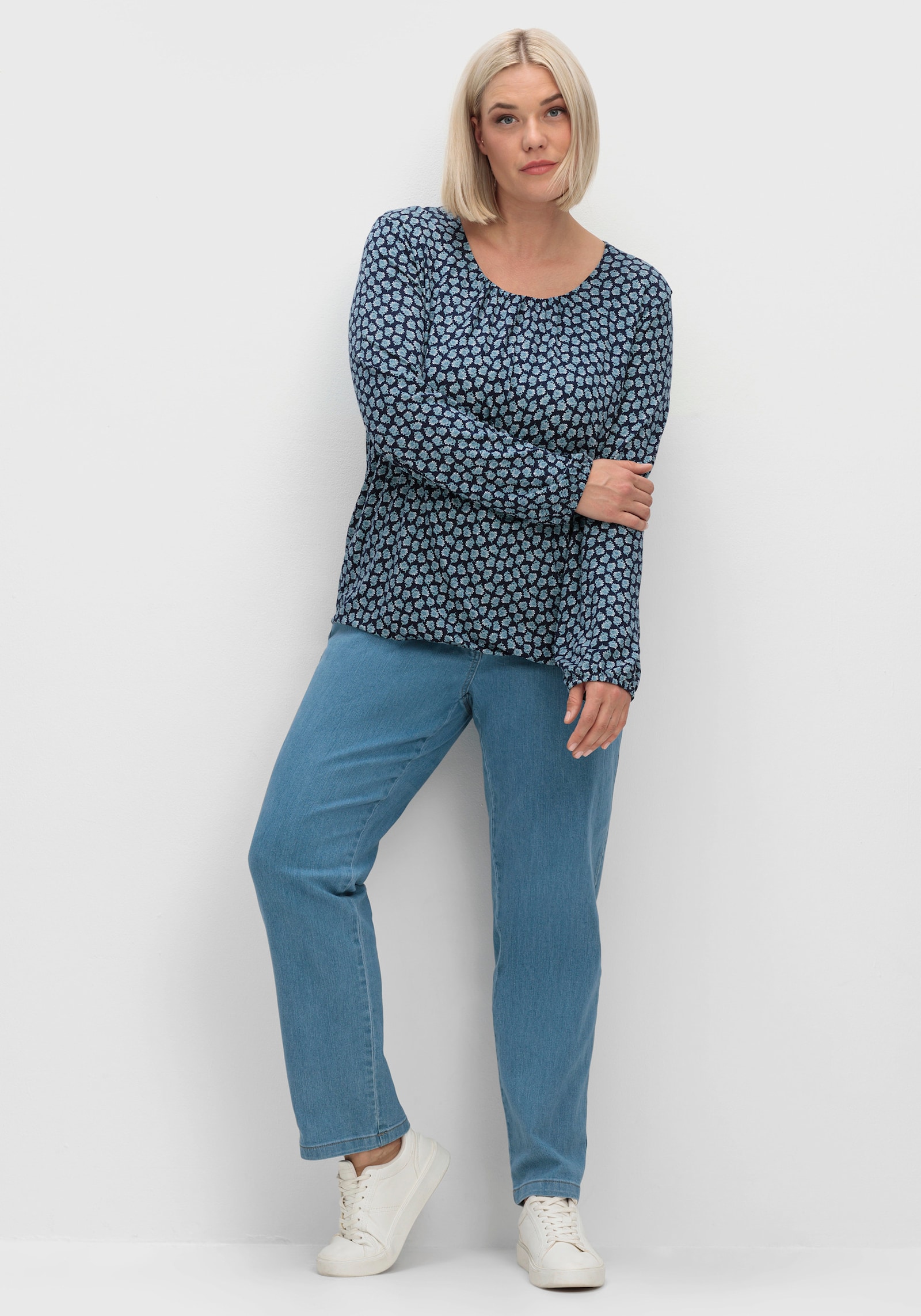 Print-Shirt mit Gummizug an Ärmeln und Saum - nachtblau-salbei-bedruckt
