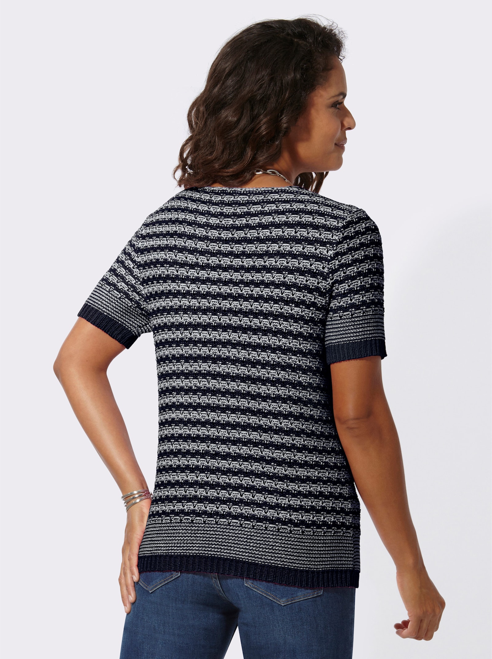 Kurzarmpullover aus Bändchengarn - marine-weiss-gemustert