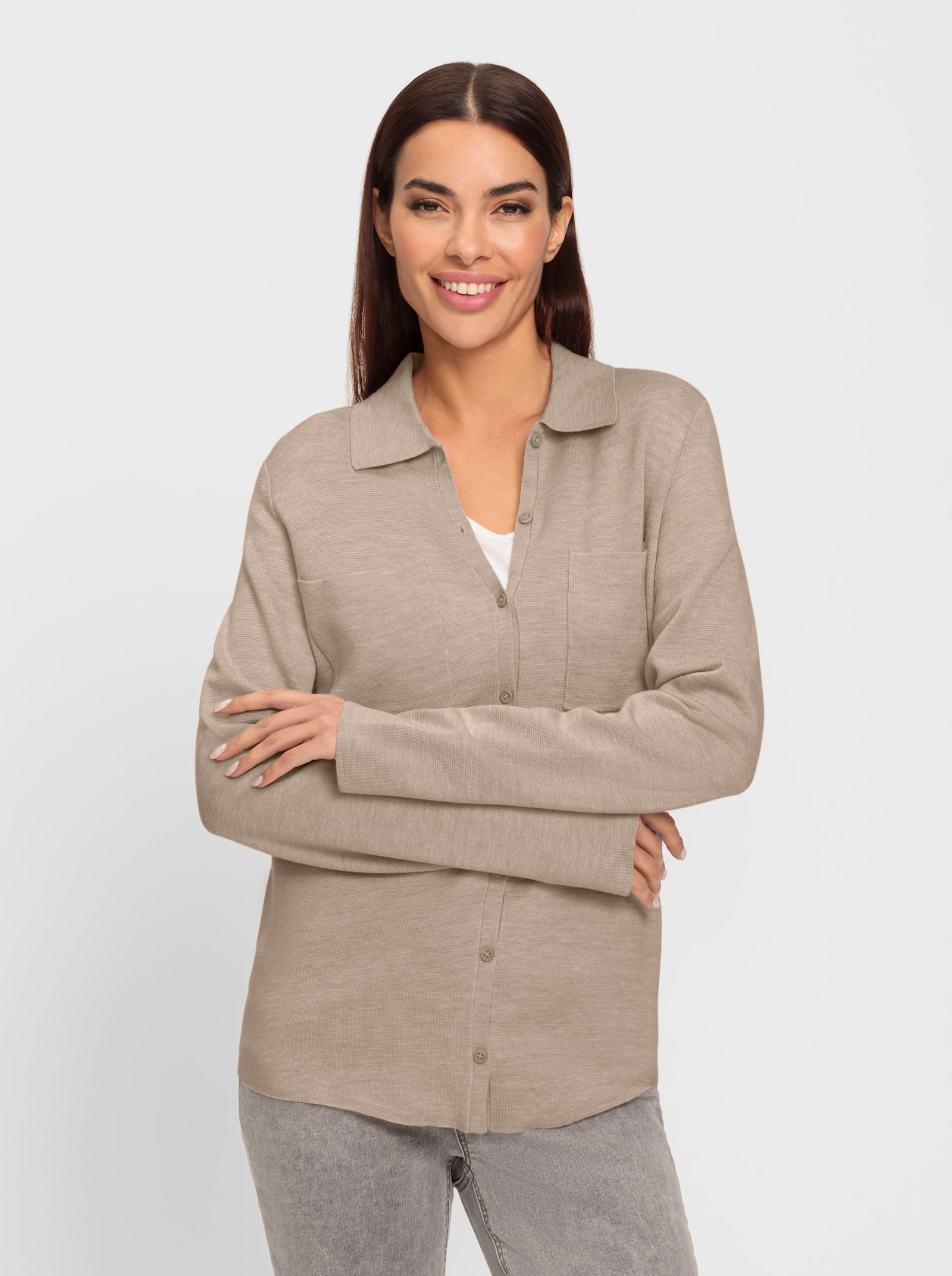 heine Strickjacke mit Polokragen - elfenbein-sesam-meliert