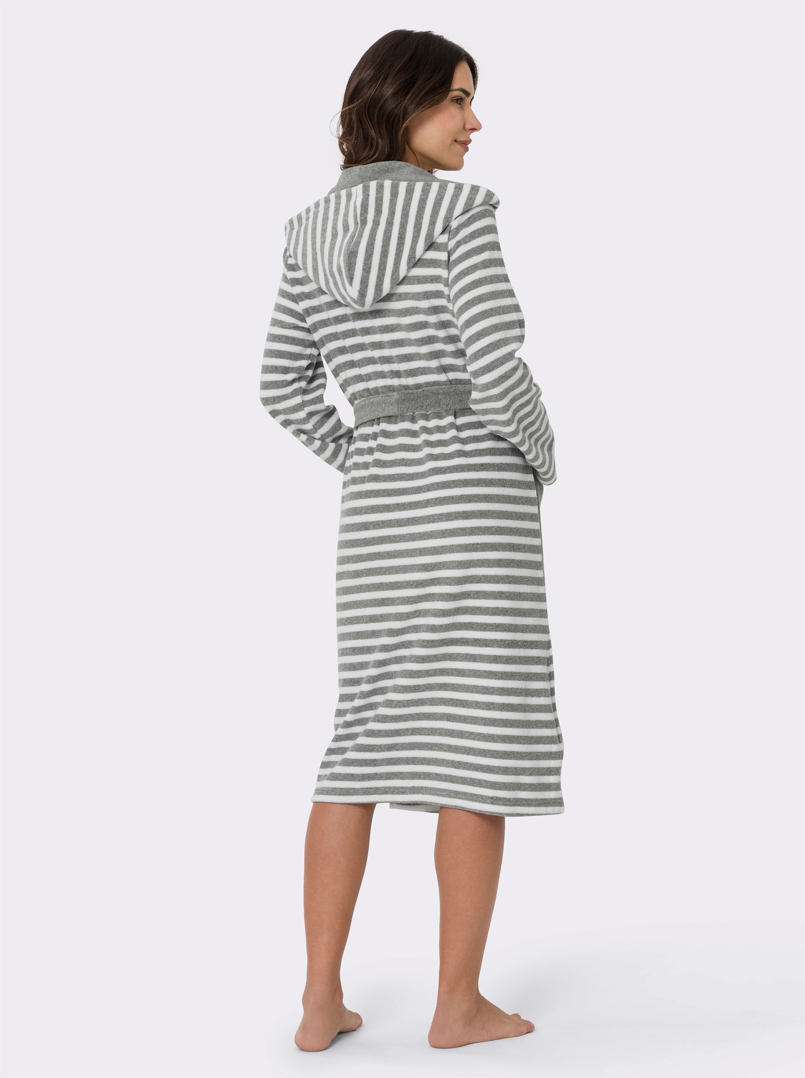 Bademantel mit Kapuze, geringelt - weiß-grau-geringelt