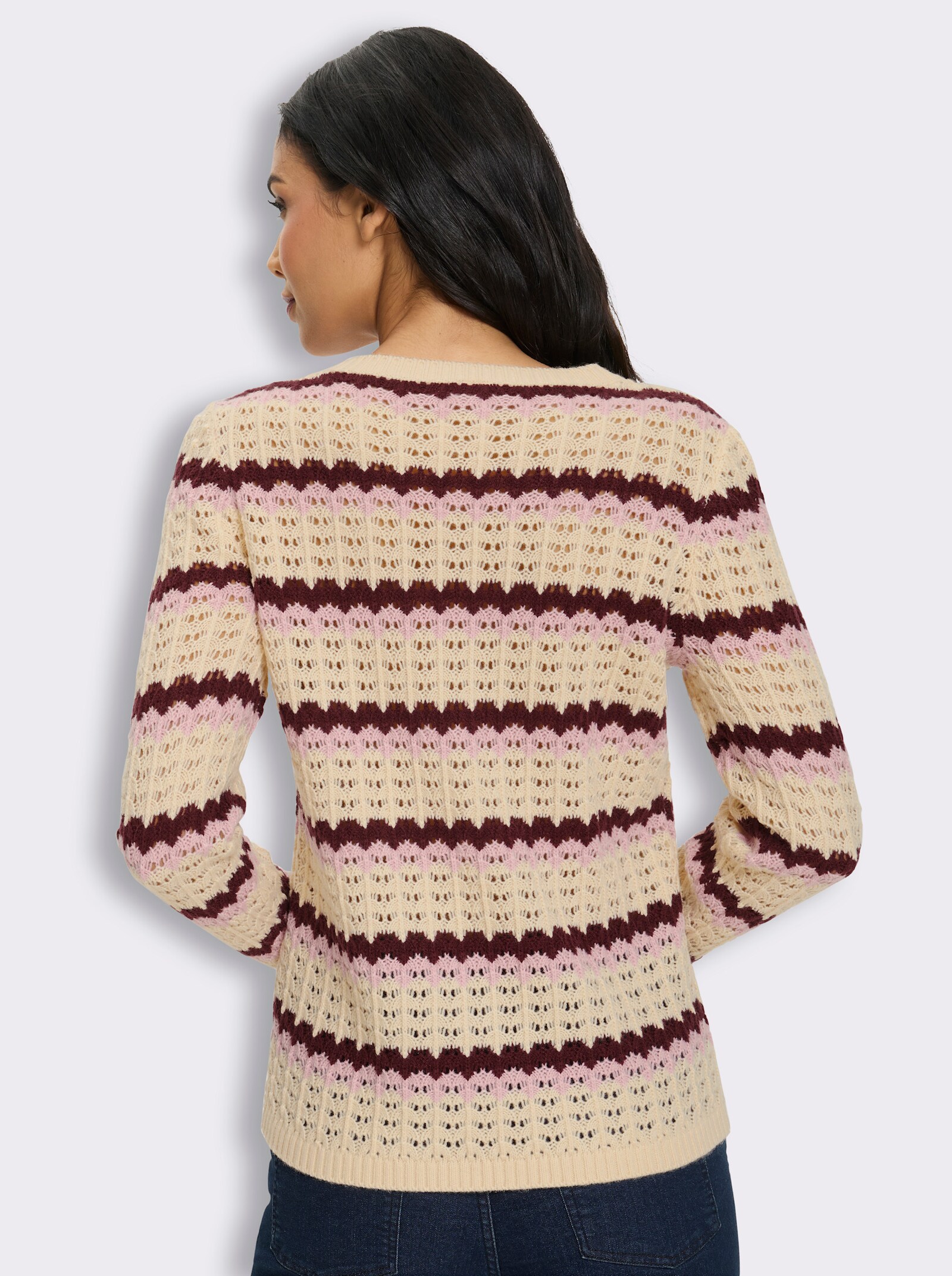 Langarm-Pullover in Ajourstrick - burgund-rosé-gestreift