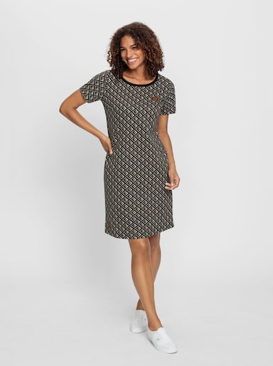 Jerseykleid in Schlupfform - beige-schwarz-bedruckt