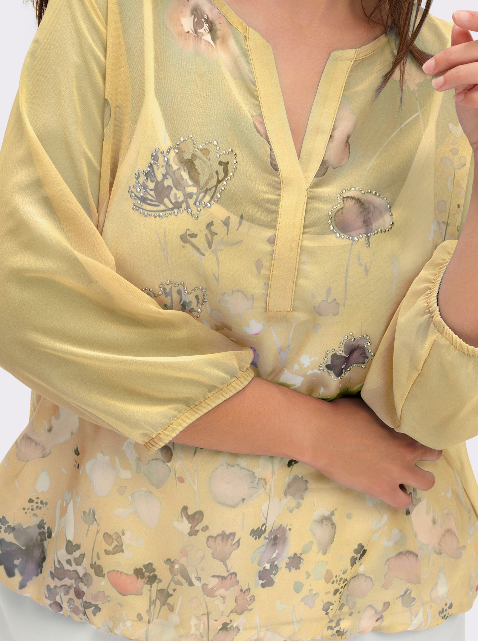 Schlupfbluse mit Spaghetti-Top - gelb-bedruckt