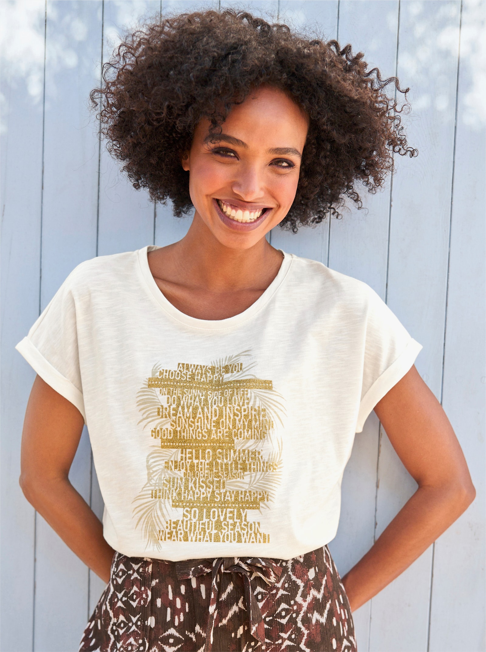 heine T-shirt à encolure ronde avec imprimé brillant - écru