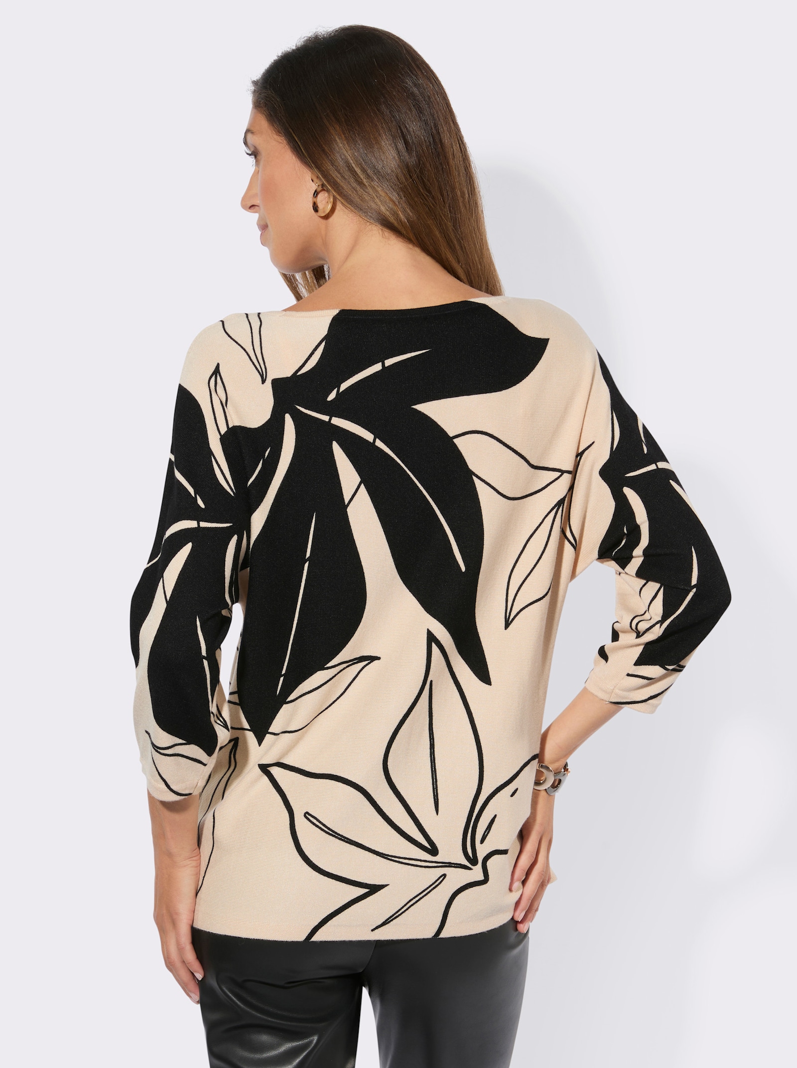 Feinstrickpullover mit Blütendruck - elfenbein-schwarz-bedruckt