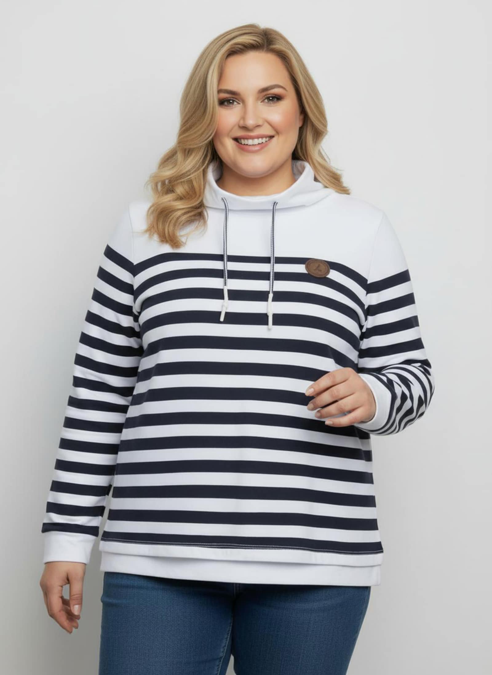 Sweatshirt mit verlängertem Rückteil - weiß-marine-geringelt