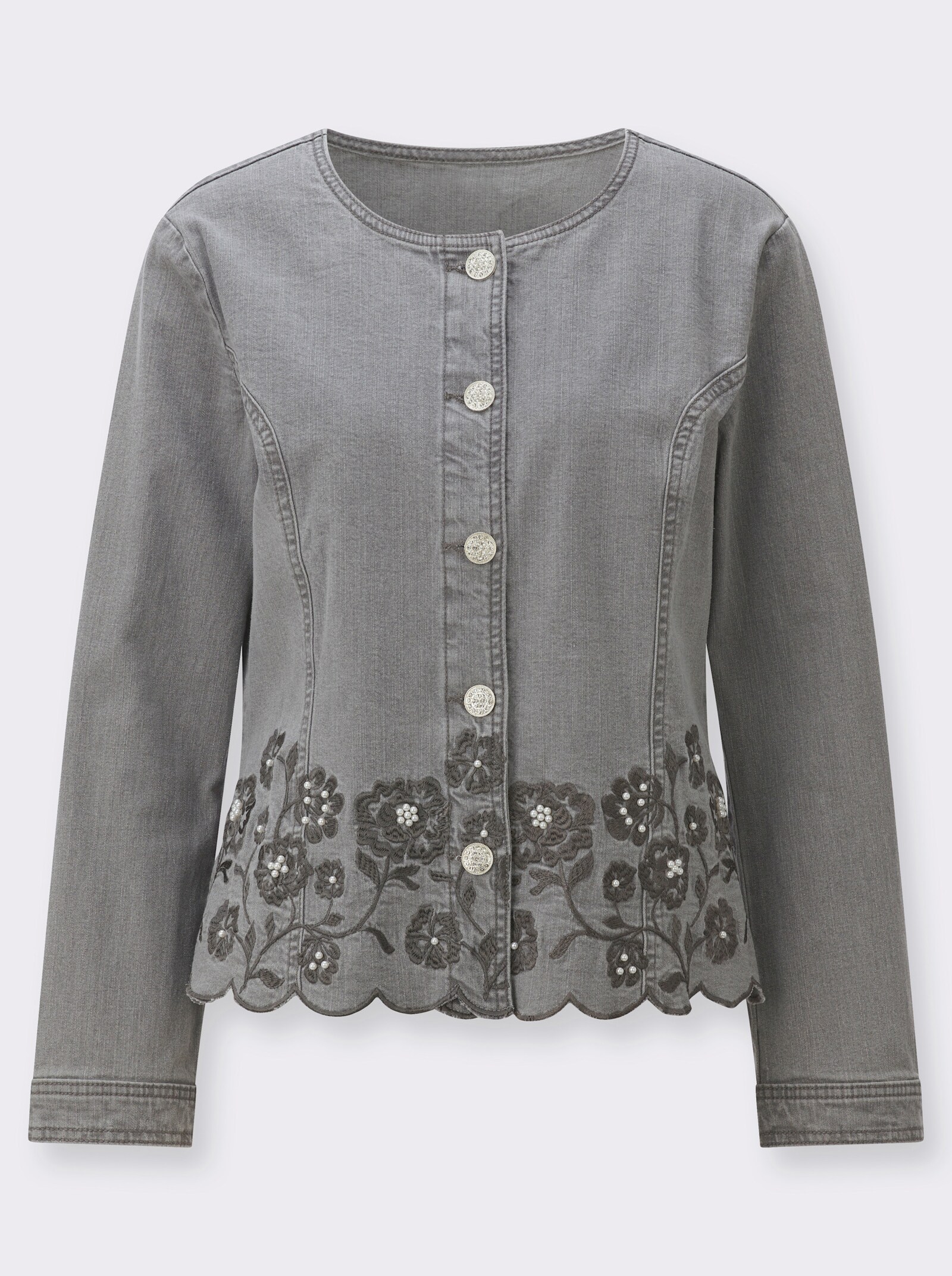 Jeansblazer mit Blütenstickerei - grey-denim