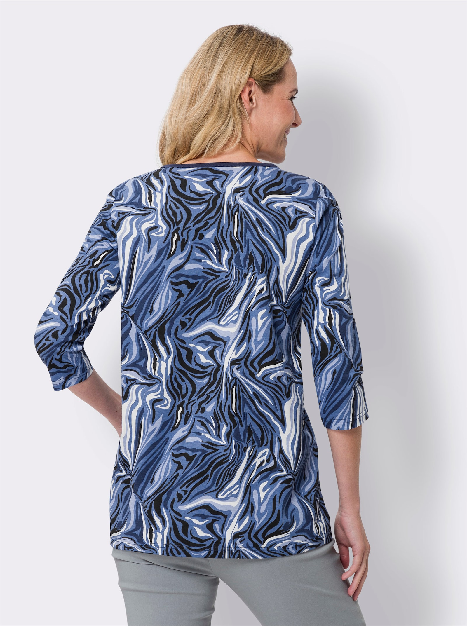 Longshirt mit Raffung am Ausschnitt - dunkelblau-ecru-bedruckt