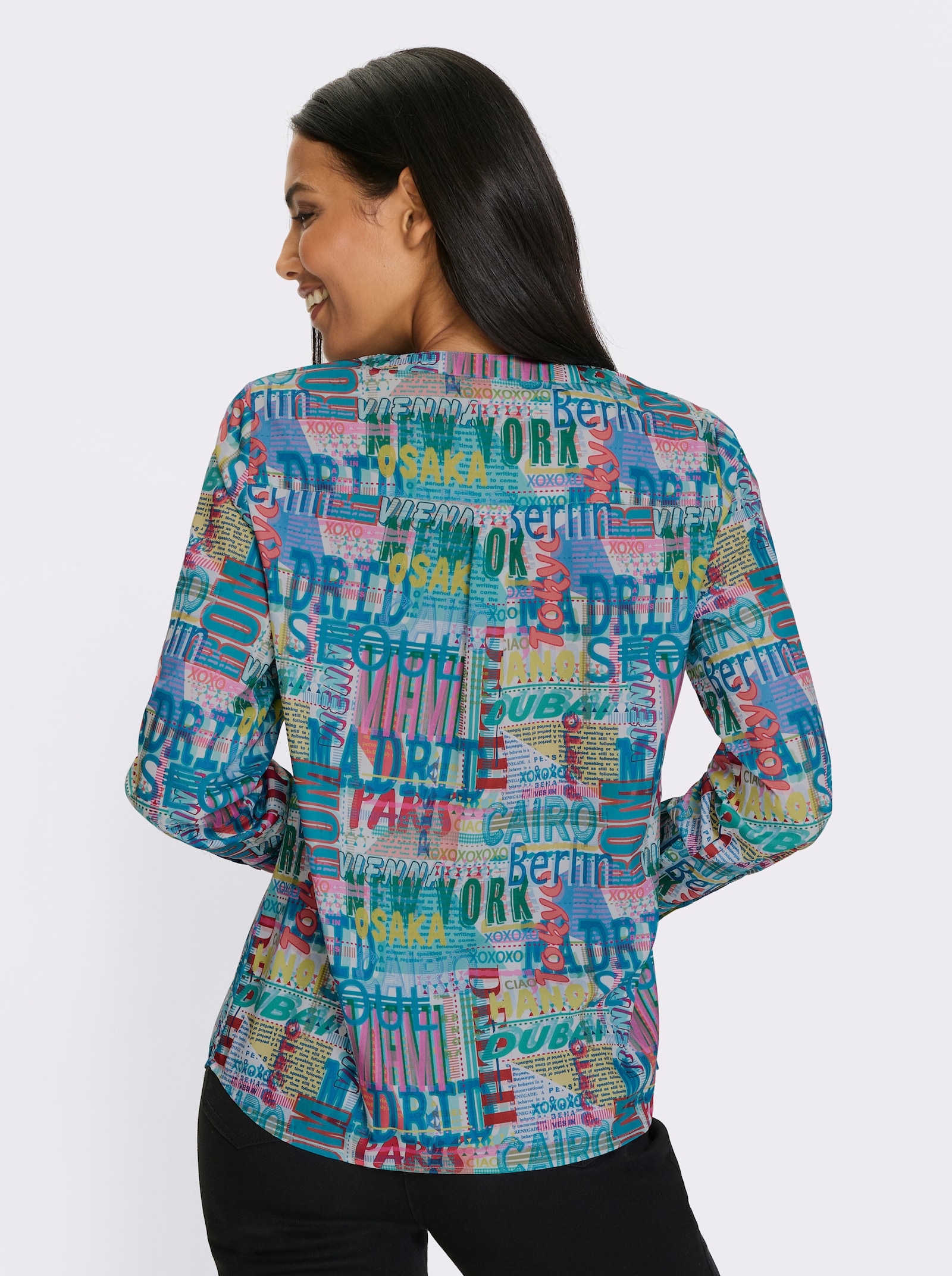 Langarm-Bluse im Digital-Druck - weiß-türkis-bedruckt