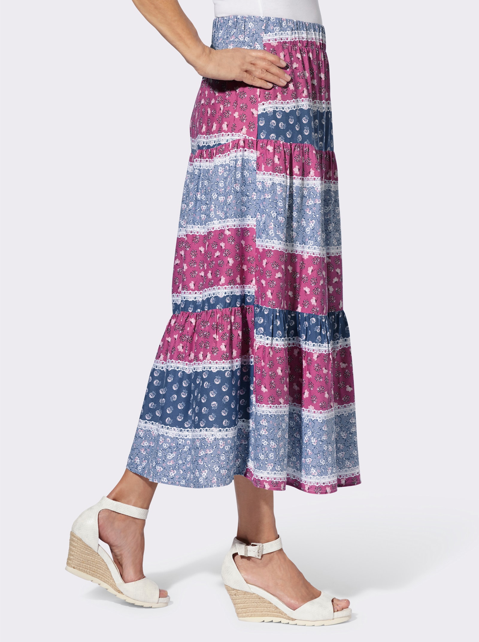 Stufenrock aus reiner Viskose, geblümt - taubenblau-erika-bedruckt