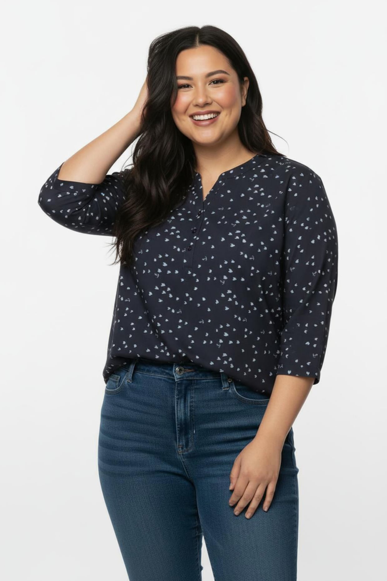 Schlupfbluse mit 3/4-Ärmeln - marine-ecru-bedruckt
