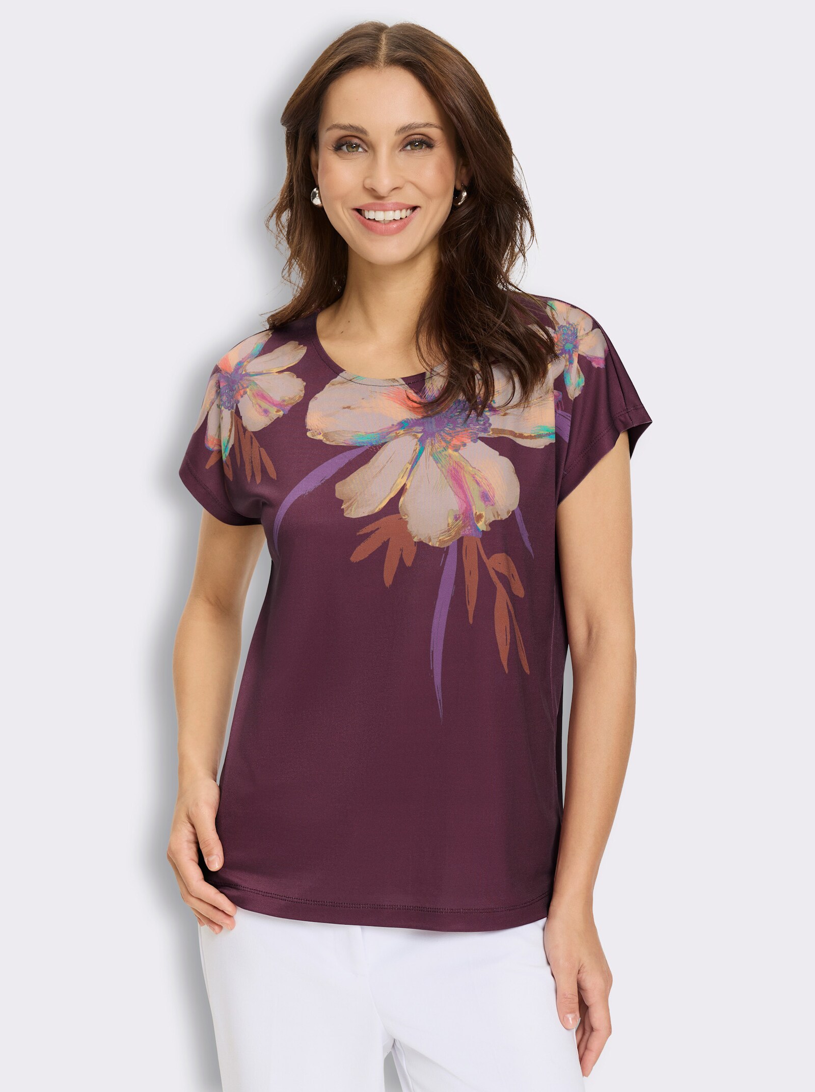 Print-Shirt mit überschnittenen Schultern - burgund
