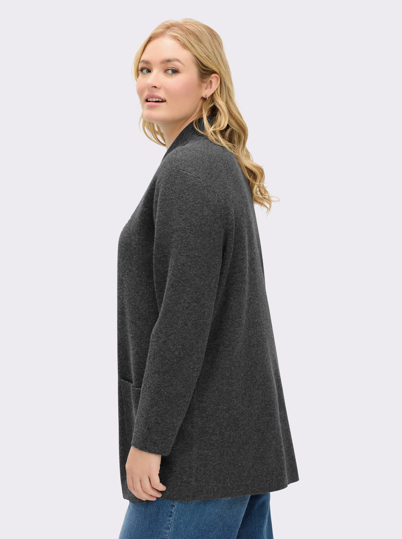 sheego Strickjacke mit Zipper und Umlegekragen - graphit-meliert