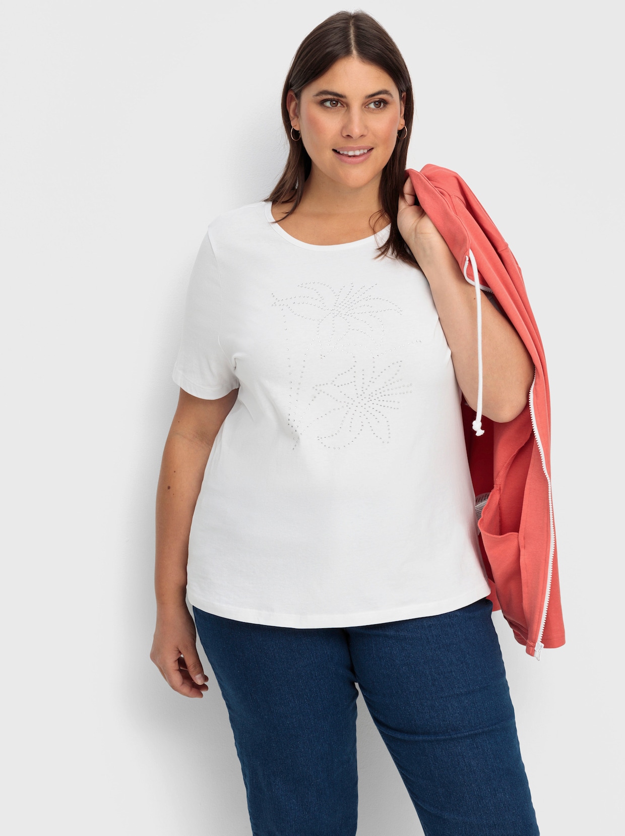 Kurzarmshirt mit Steinchen verziert - weiß