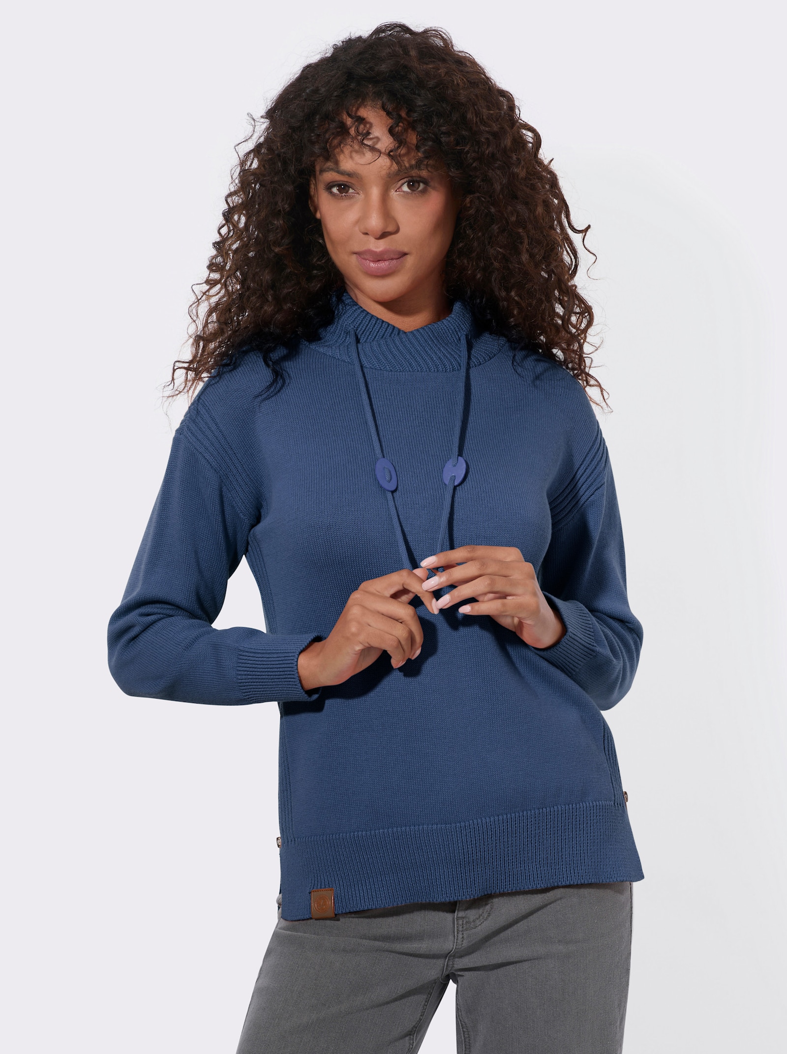  Langarm-Pullover mit Tunnelzug am Kragen - jeansblau