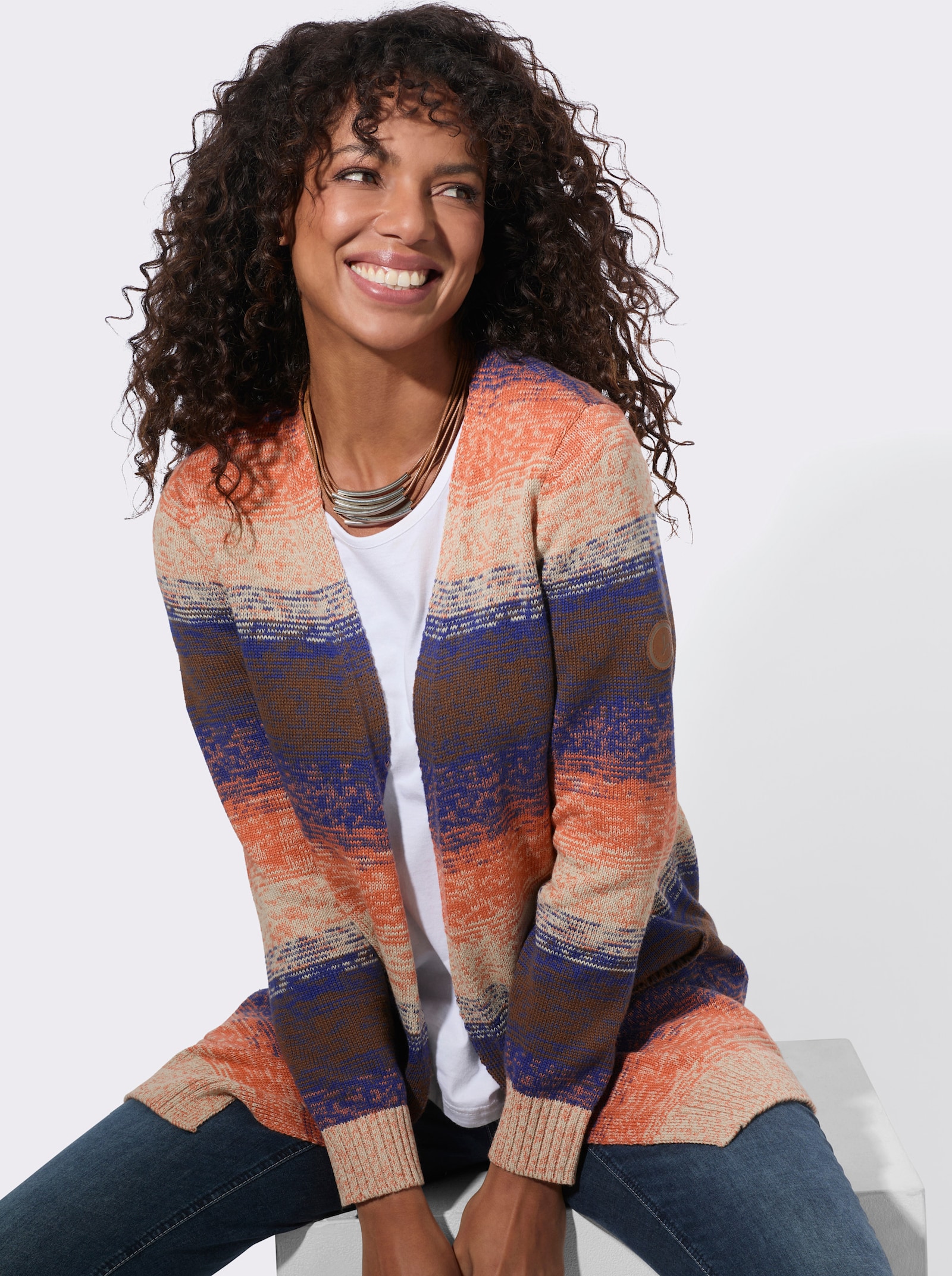  Longstrickjacke in verschlussloser Form - jeansblau-sand-meliert