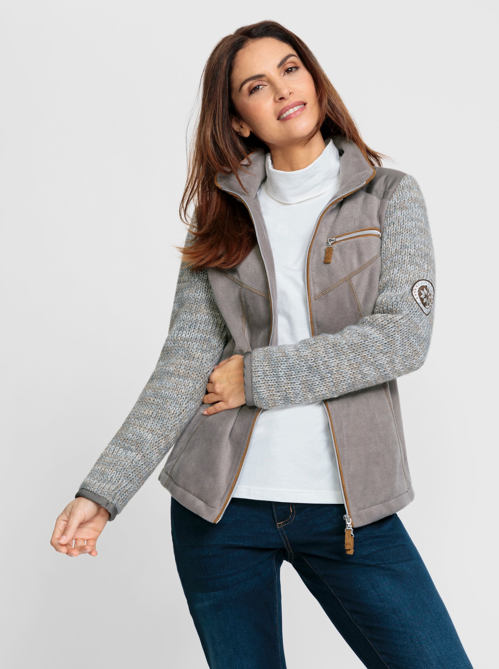 Fleecejack van een mix van fleece en tricot - taupe/ecru gemêleerd