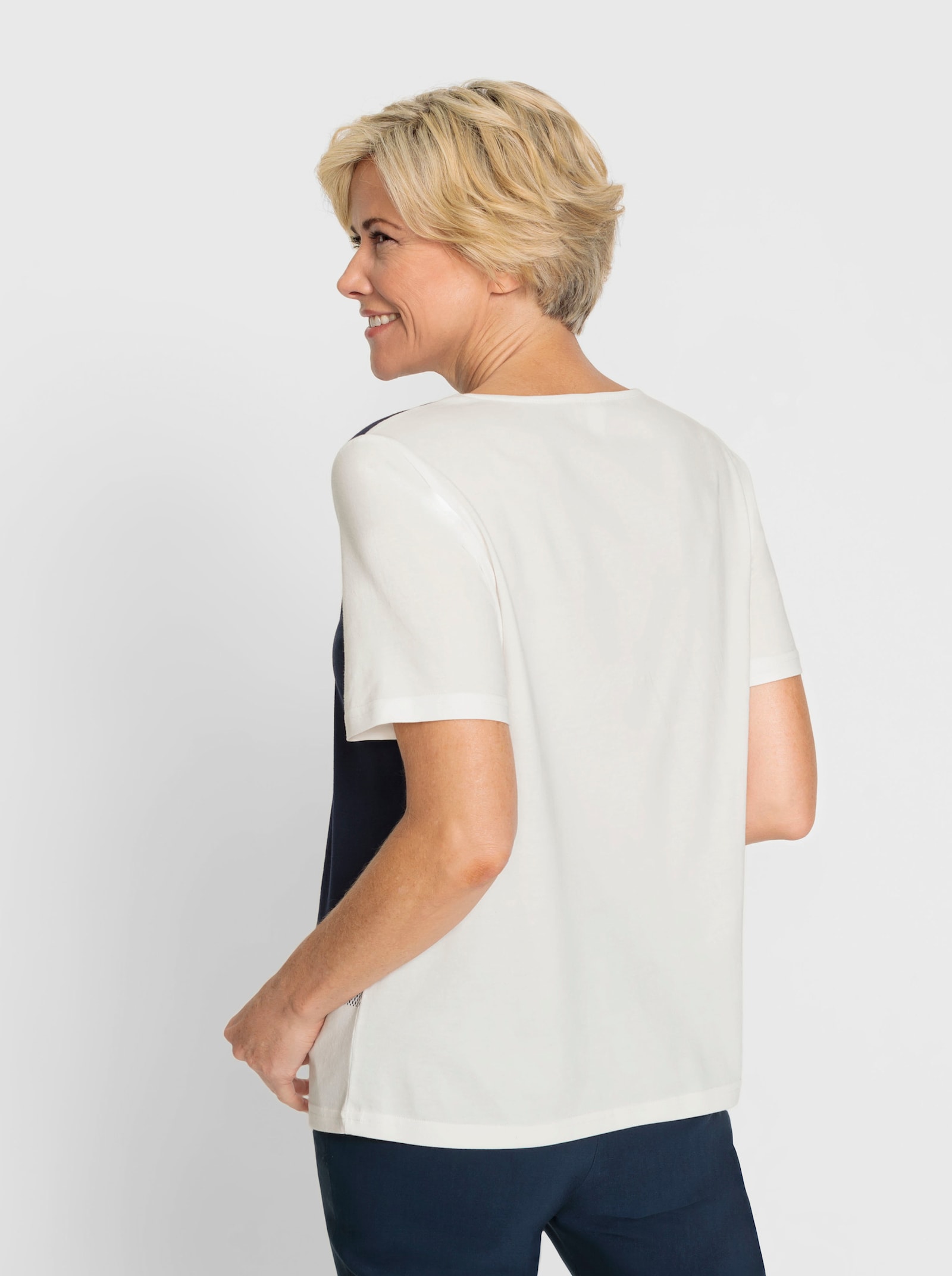 Shirt met ronde hals en op dessin geplaatste print - ecru/marine