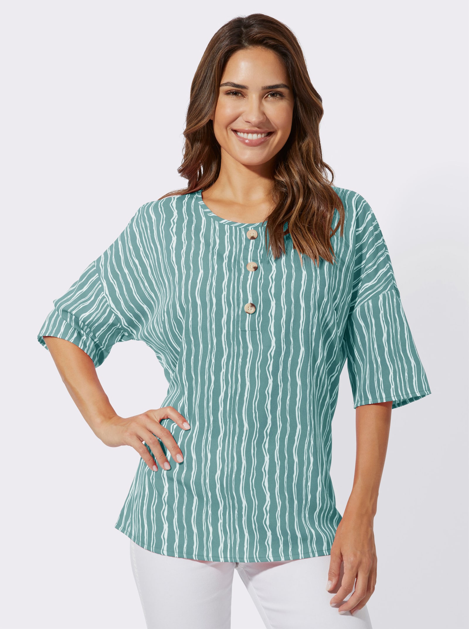 Schlupfbluse mit vertikalem Streifenmuster - salbei-weiß-bedruckt